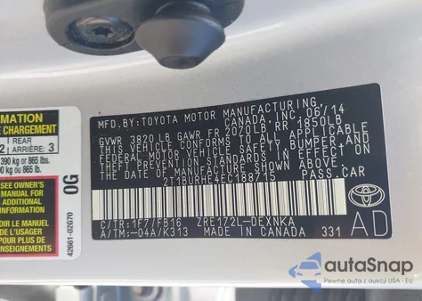 2014 Toyota Corolla Le z USA, uszkodzony, nr VIN 2T1BURHE4EC188715